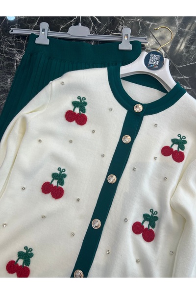 MY QILAM Γυναικείο Σετ Χιτζάμπ Πλεκτό Κεντημένο με Κεράσια Ζακέτα με Φούστα Πράσινο