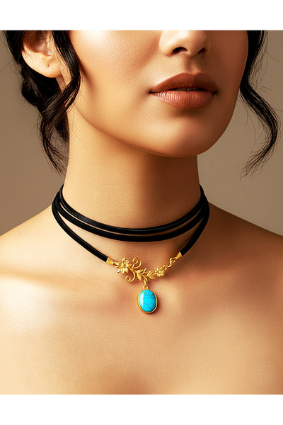 LADYMİRAGE Real Leather Turquoise Stone Choker Necklace