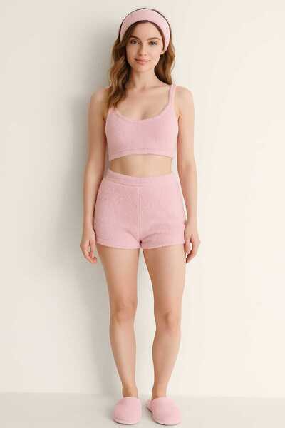 RO KİDS Women's 3-Piece Plush Fleece Shorts Set Sleeveless Strap Crop Top Long Bottoms Headband Winter Wear