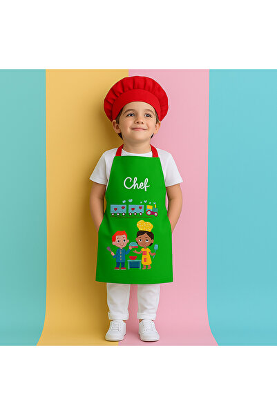 AYSHOME Ays Home Green Train Patterned Kindergarten Activity Apron (Hat and Apron Set)