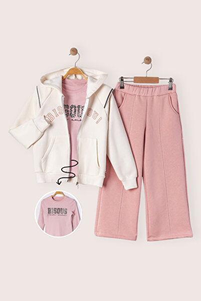 Minika Girls' Tracksuit Set 3-Piece – Hooded Sweatshirt, Sweatshirt and Wide-Leg Pants |   5-8 Years Old