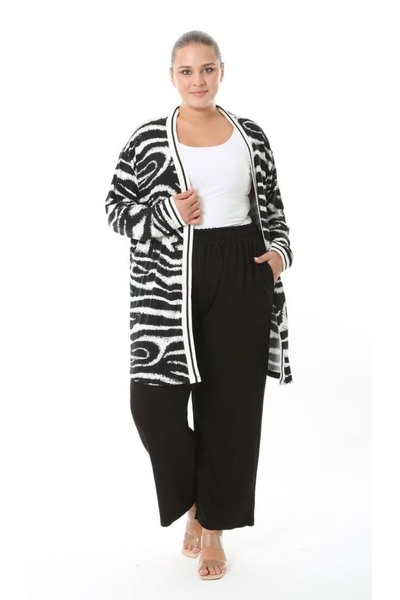 Butik Nilyam Women's Plus Size Stripe Detailed Patterned Long Sleeve Stretchy Viscose Cardigan 25004