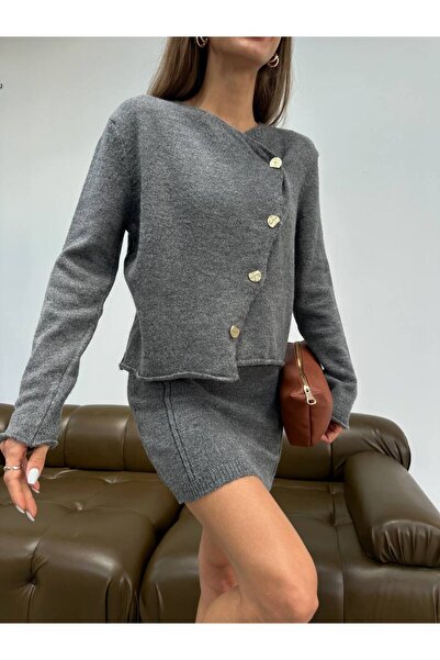 Miss Beyoğlu Reya Double Asymmetrical Gold Button Sweater and Mini Skirt Knit...