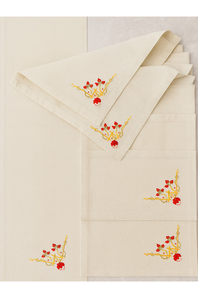 Misue Handmade Embroidered American Tablecloth and Runner Set 100% Cotton, 13 Piece Tableware, 12 Placemats + 1 Runner
