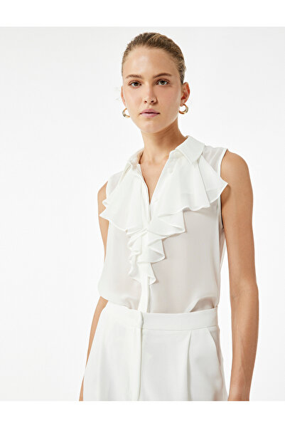 Koton Crepe Fabric Ruffled Scarf Collar Sleeveless Shirt