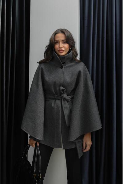 Havoş Anthracite Belted Cashmere Poncho