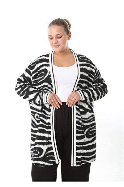 Butik Nilyam Women's Plus Size Stripe Detailed Patterned Long Sleeve Stretchy Viscose Cardigan 25004