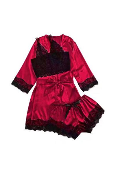 Star Fashion Women's satin pajamas, 3-piece set, with lace, robe, shorts and bustier