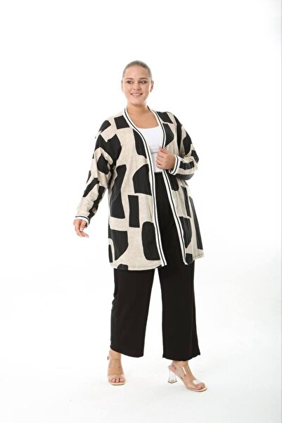 Butik Nilyam Women's Plus Size Stripe Detailed Patterned Long Sleeve Stretchy Viscose Cardigan 25004
