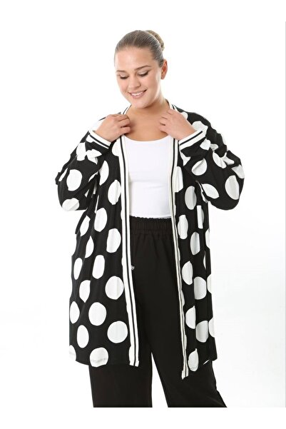 Butik Nilyam Women's Plus Size Stripe Detailed Patterned Long Sleeve Stretchy Viscose Cardigan 25004
