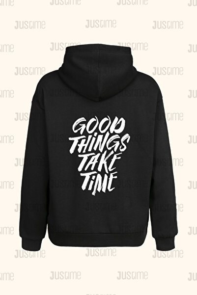 Justime تصميم Good Thinks Take Time سترة بغطاء للرأس سوداء اللون للجنسين مع ج...