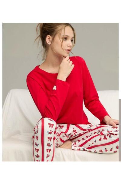XORVİO Women's Red Seasonal Casual Home Wear Long Sleeve Pajama Set