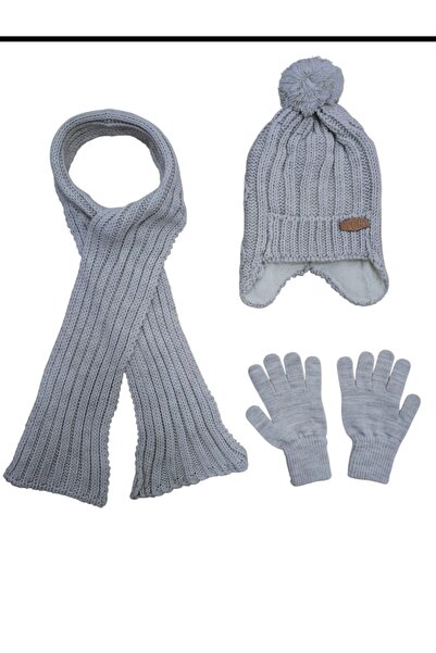 Butik Gri Erkek Çocuk Şapka, Atkı ve Eldiven Takımı (8-12 Yaş)