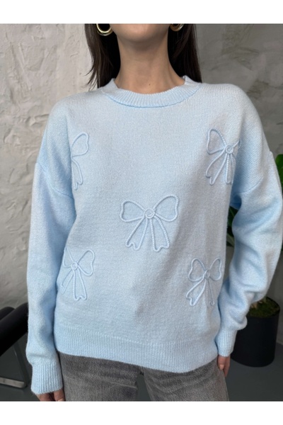 Elif Özbey Butik Blue Bow Detailed Knitwear Sweater
