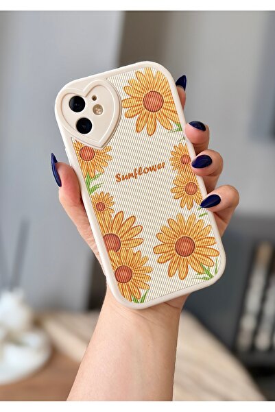 MİRAZ TASARIM iPhone 11 Ecru Case with Heart Detail and Daisy Pattern