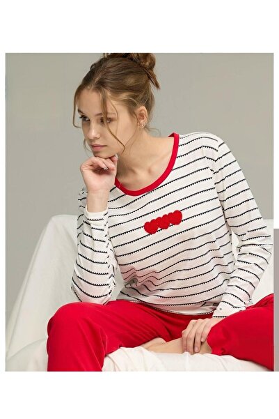 XORVİO Women's White Seasonal Casual Home Wear Long Sleeve Pajama Set