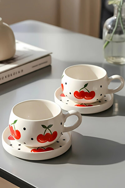 Hopce Flora El Yapımı Kiraz Desenli, 4 Parça 2 Kişilik Çay & Kahve Fincan Tak...
