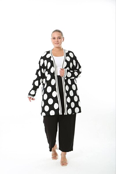 Butik Nilyam Women's Plus Size Stripe Detailed Patterned Long Sleeve Stretchy Viscose Cardigan 25004