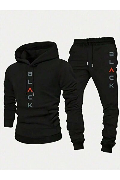 macklin Men's Black Printed Oversize 3 Thread Hooded Tracksuit Set