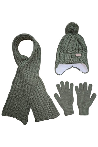 Butik Haki Erkek Çocuk Şapka, Atkı ve Eldiven Takımı (8-12 Yaş)
