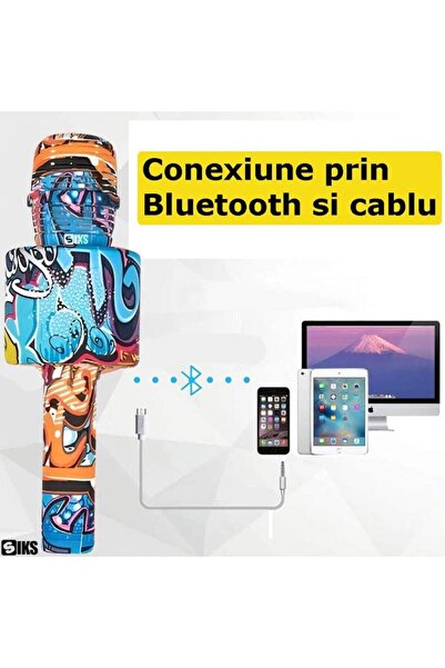 SIKS Microfon karaoke wireless SIKS, LY100, M5, pentru copii, model Grafitti, 100hz, USB, albastru/portocaliu