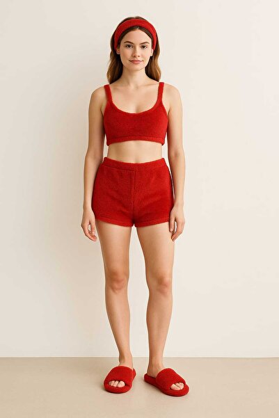 RO KİDS Women's 3-Piece Plush Fleece Shorts Set Sleeveless Strap Crop Top Long Bottoms Headband Winter Wear