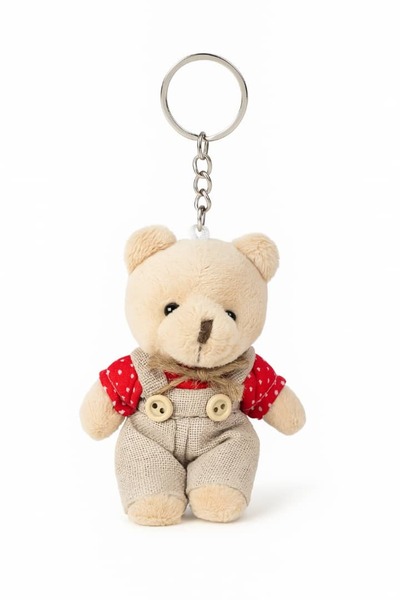 Şirin 11 cm Peluş Ayıcık Anahtarlık – Kırmızı Üstlü Tulumlu Teddy Bear