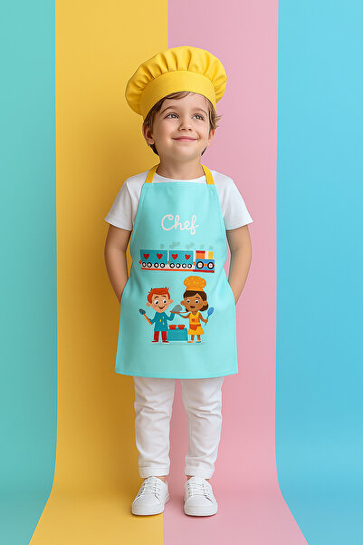 AYSHOME Ays Home Mint Tren Desenli Anaokulu Etkinlik Önlüğü Seti (şapka ve önlük)