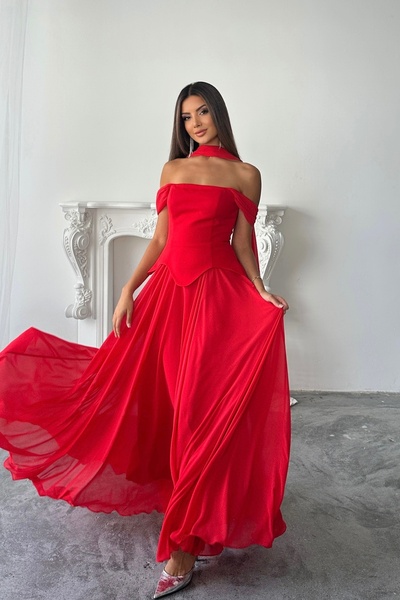 İyem Abiye Şallı Ve Takım Görünümlü Düşük Omuz Krep Şifonlu Abiye Elbise Dar ...