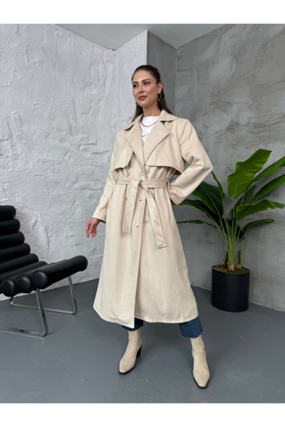 Elif Özbey Butik Beige Belted Suede Trench