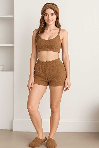 RO KİDS Women's 3-Piece Plush Fleece Shorts Set Sleeveless Strap Crop Top Long Bottoms Headband Winter Wear