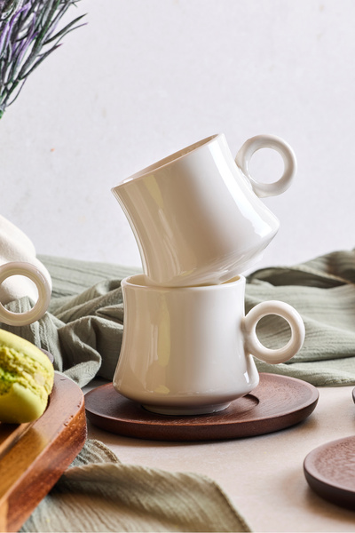 Perotti Dark 6-Piece Modern Porcelain Coffee Cup Set with Acacia Plates
