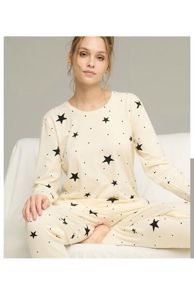 XORVİO Women's Cream Seasonal Casual Home Wear Long Sleeve Pajama Set