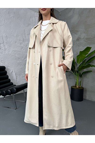 Elif Özbey Butik Beige Belted Suede Trench