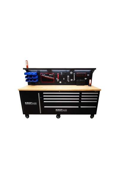 KROFTOOLS PROFESSIONAL METAL WORKBENCH 10 DRAWERS, SOLID WOOD TOP, LED LIGHTED PANEL, 230V SOCKETS, PORT…