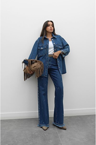 Havoş Blue Staple Detailed Shirt Pants Denim Suit