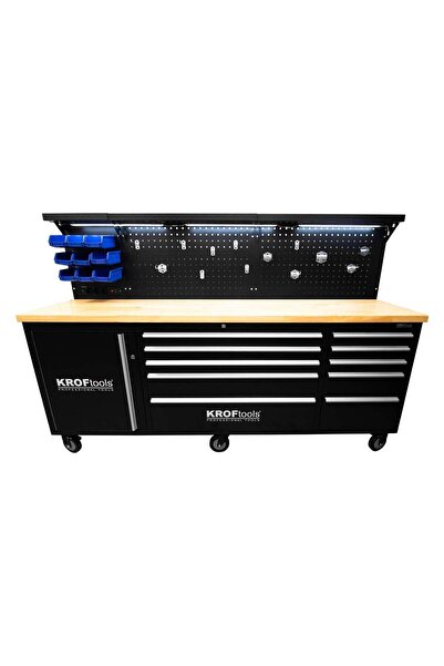 KROFTOOLS PROFESSIONAL METAL WORKBENCH 10 DRAWERS, SOLID WOOD TOP, LED LIGHTED PANEL, 230V SOCKETS, PORT…