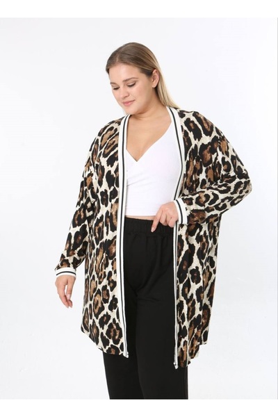 Butik Nilyam Women's Plus Size Stripe Detailed Patterned Long Sleeve Stretchy Viscose Cardigan 25003