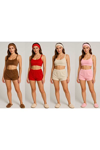 RO KİDS Women's 3-Piece Plush Fleece Shorts Set Sleeveless Strap Crop Top Long Bottoms Headband Winter Wear