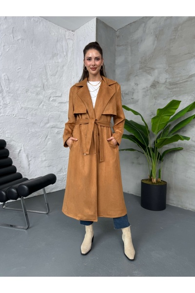 Elif Özbey Butik Taba Kuşaklı Süet Trenç