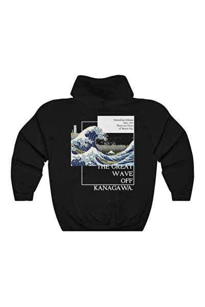 MAYDAY CULTURE Hanorac negru unisex cu imprimeu pe spate HOKUSAİ, ușor, cu tă...