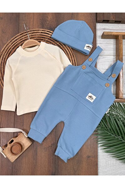 ADDA Waffle Fabric Cotton Bodysuit Beanie 3-Piece Salopet Boy Baby Jumpsuit