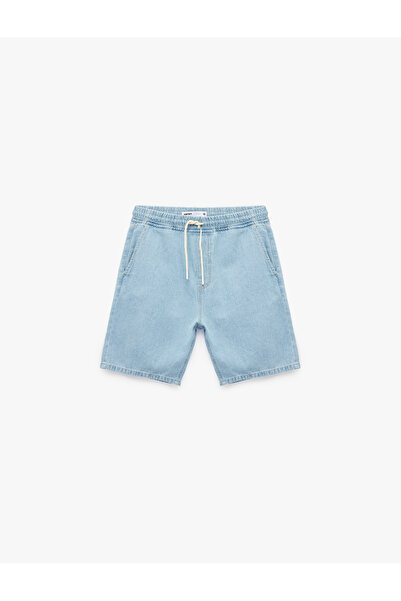 Koton Cotton Bermuda Baggy Jean Shorts with Tie Waist and Pocket Detail