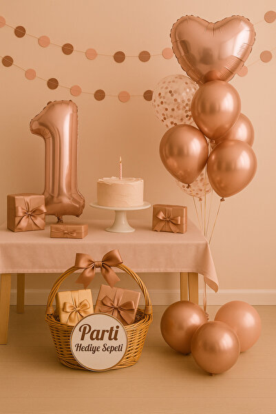 parti hediye sepeti 1 Yaş Doğum Günü Balon Seti Rosegold Kalp Folyo | Rakam B...