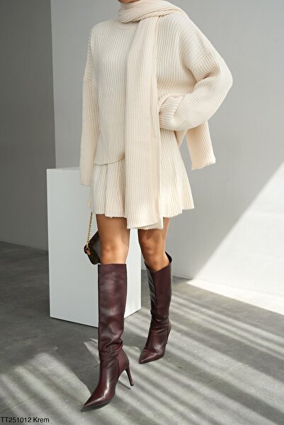 Miss Beyoğlu Set de tricotaje cu șal Afru, pulover lung supradimensionat cu g...