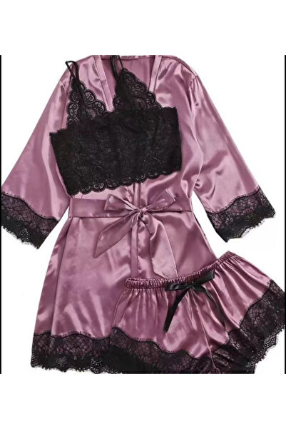 Star Fashion Women's satin pajamas, 3-piece set, with lace, robe, shorts and ...