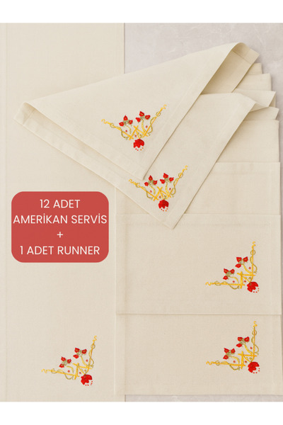 Misue Handmade Embroidered American Tablecloth and Runner Set 100% Cotton, 13 Piece Tableware, 12 Placemats + 1 Runner