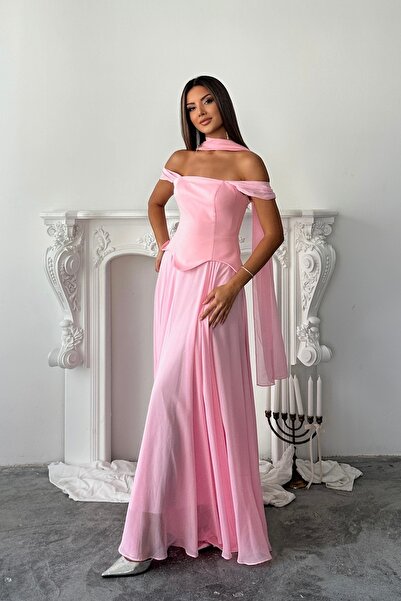 İyem Abiye Şallı Ve Takım Görünümlü Düşük Omuz Krep Şifonlu Abiye Elbise Dar ...