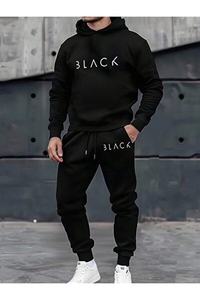 macklin Men's Black Printed Oversize 3 Thread Hooded Tracksuit Set