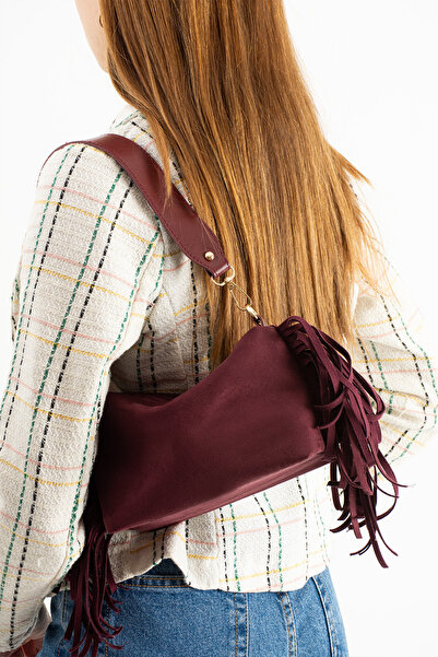 H&D COLLECTİON Susanna Model Suede Burgundy Women's Hand and Shoulder Bag